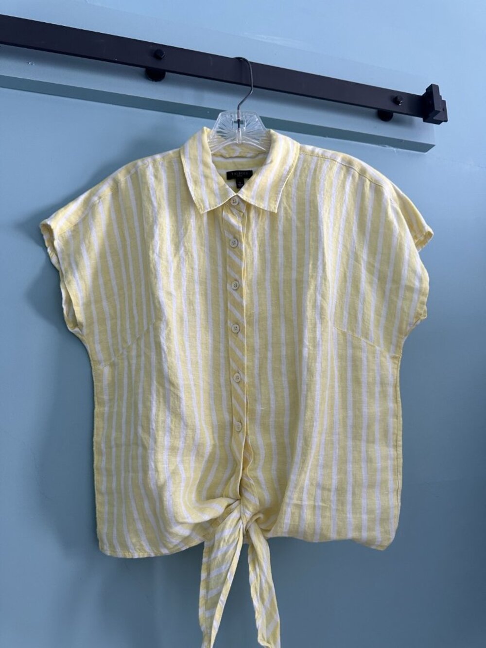 Talbots Yellow Striped Linen Tie-Front Top